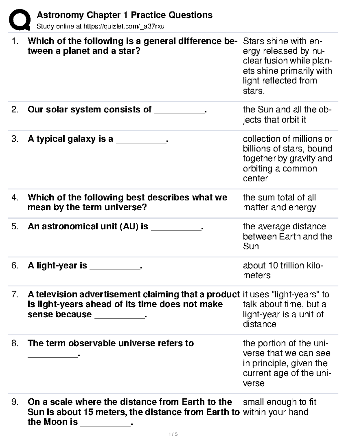 Astronomy Chapter 1 Practice Questions - Study Online At Quizlet ...