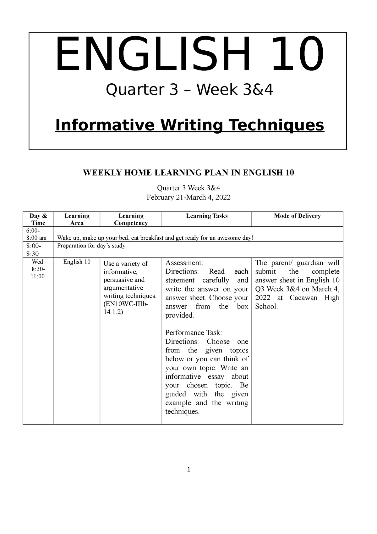 English 10 Q3 W3-4 Localized - WEEKLY HOME LEARNING PLAN IN ENGLISH 10 ...