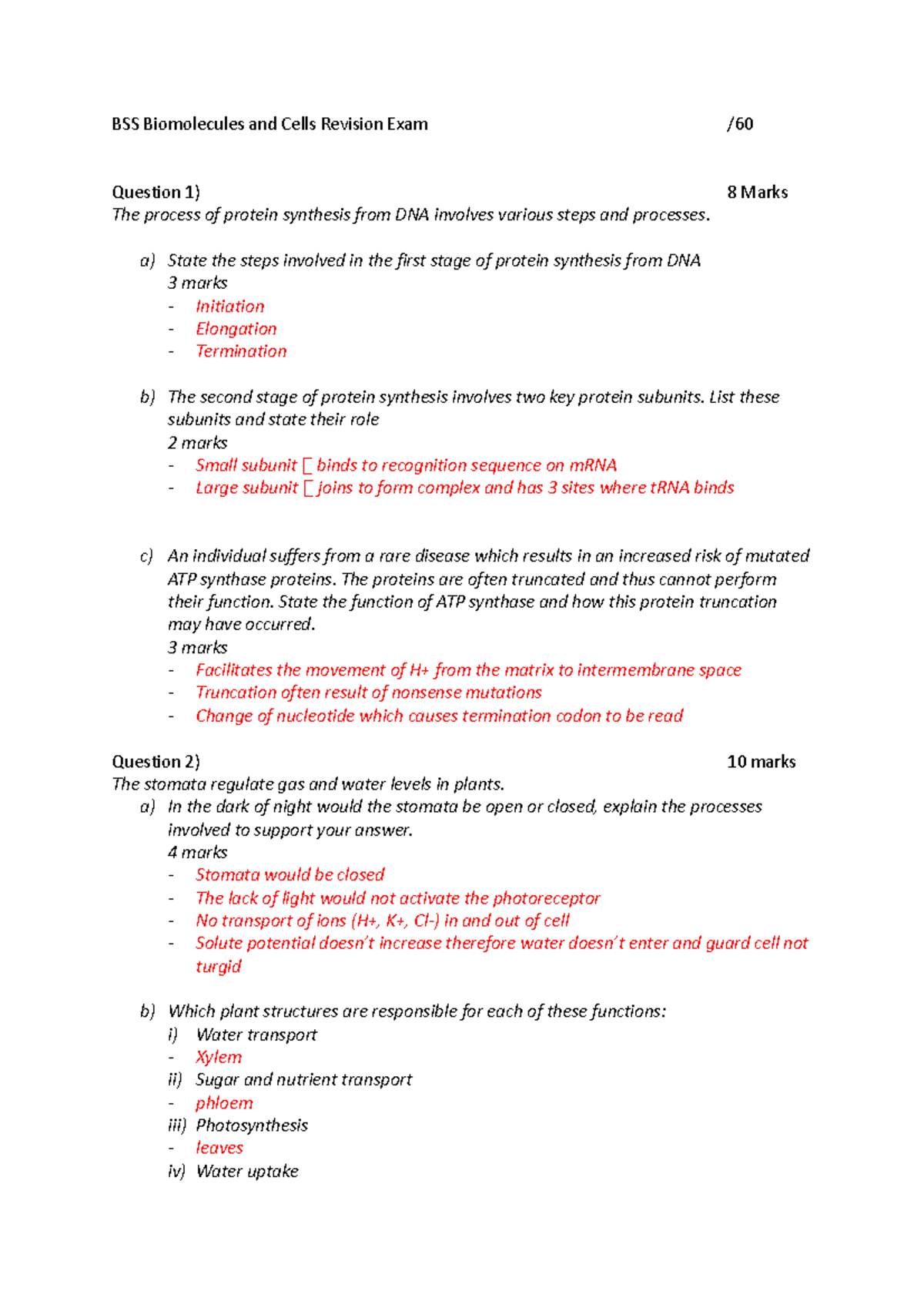 BSS Biomolecules And Cells Revision Exam Answers - BSS Biomolecules And ...