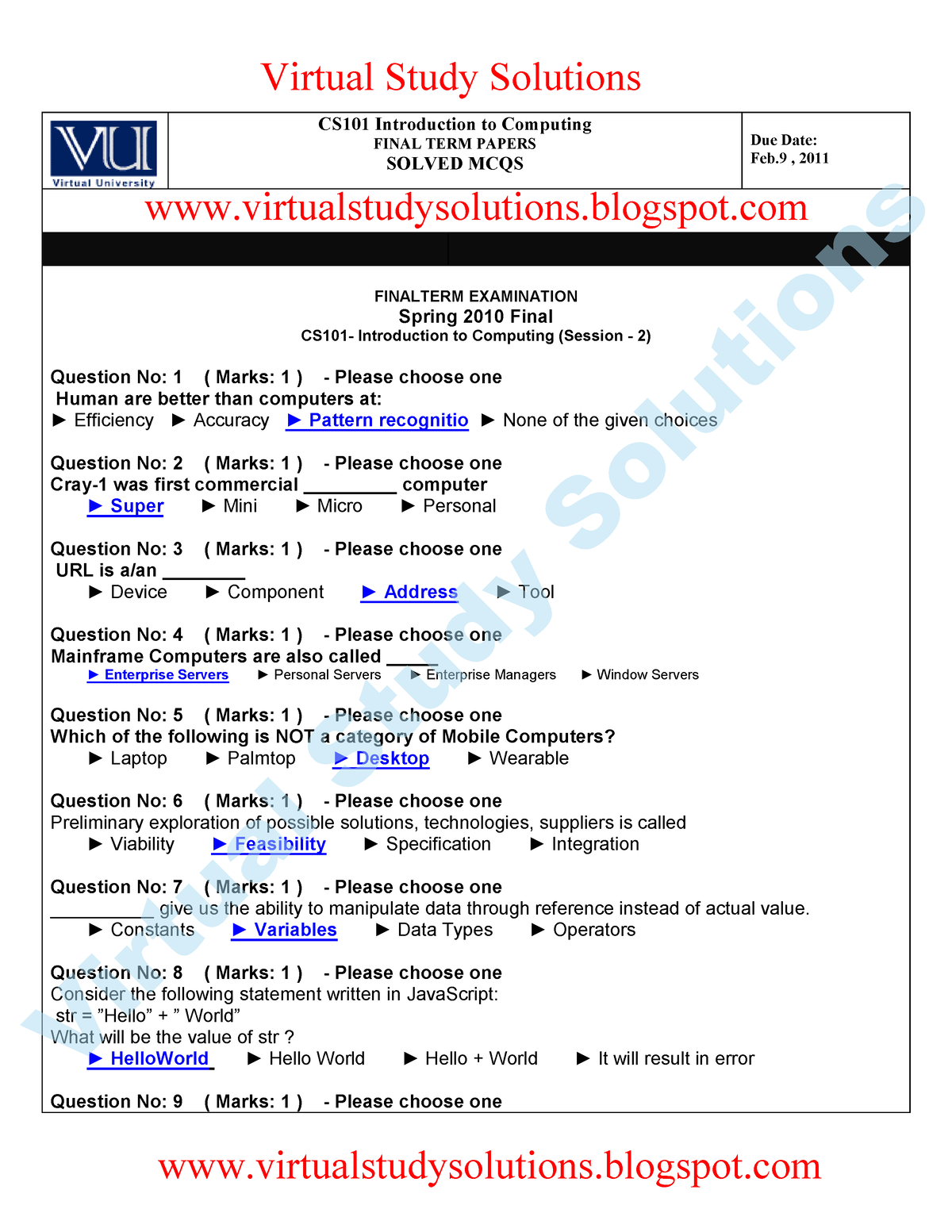 CS101 Final TERM Solved MCQS(www.virtualstudysolutions - CS101 ...