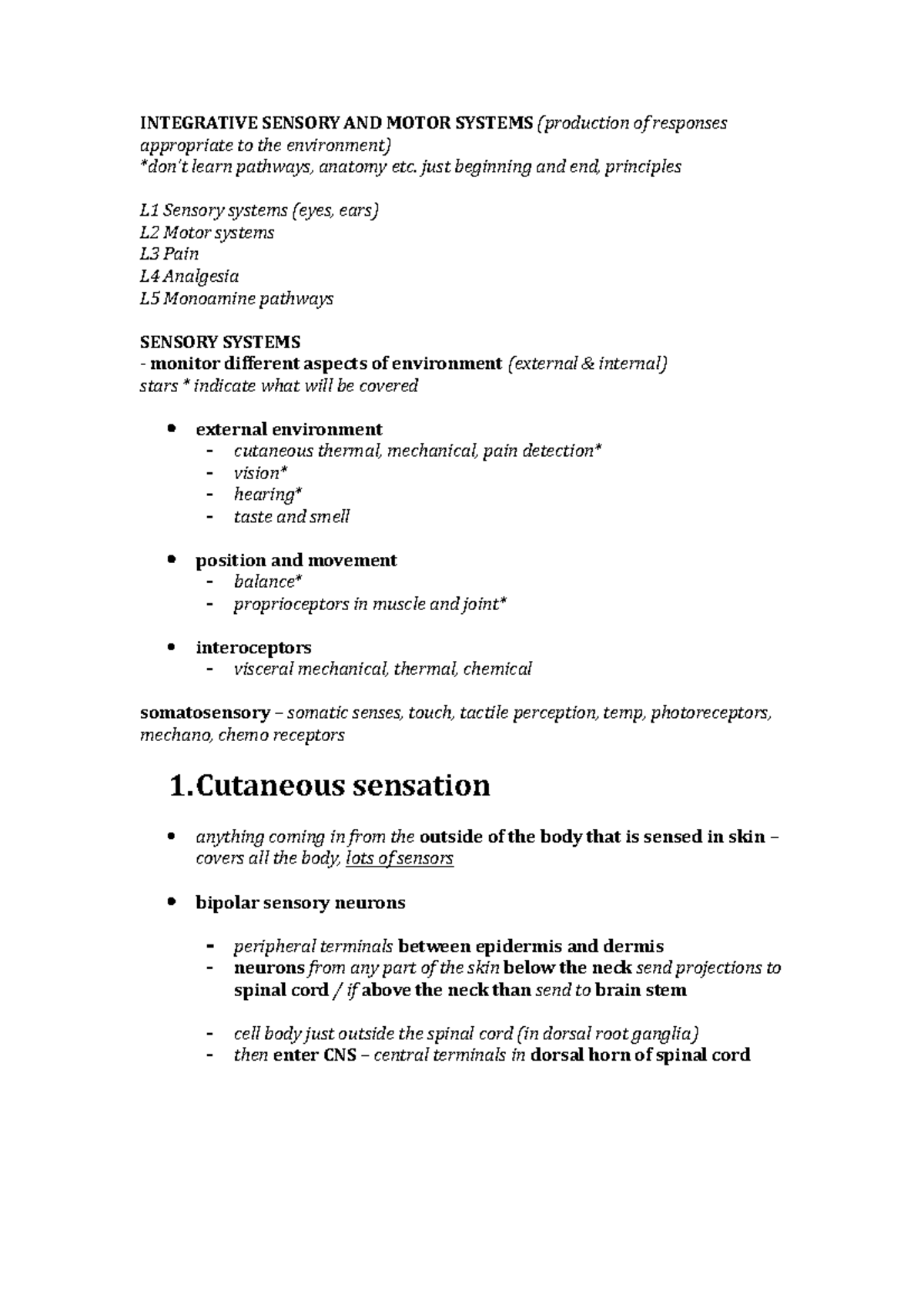 Integrative Sensory and Motor Systems - INTEGRATIVE SENSORY AND MOTOR ...