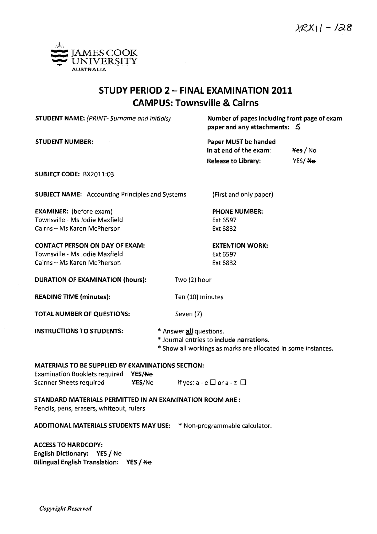 Exam 2011, questions i'' .L = JAMES COOK UNIVERSITY