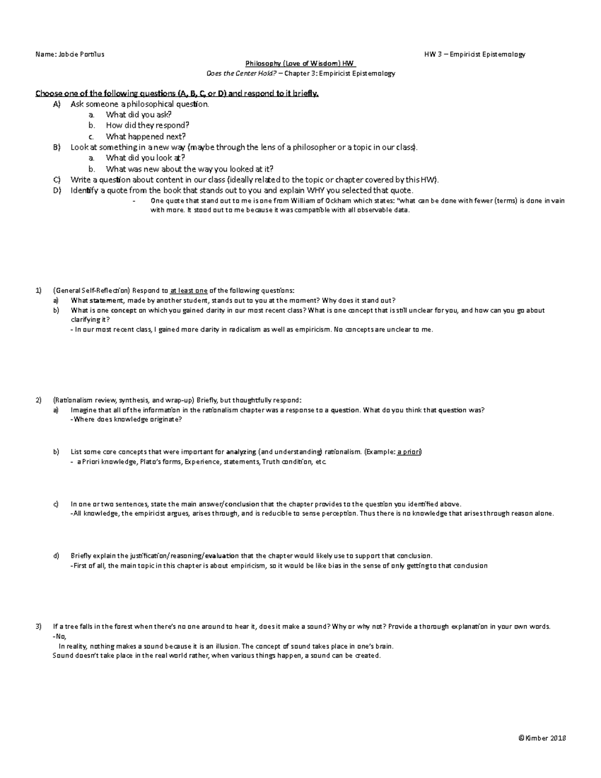 Jobcie HW 3 Empiricist Epistemology - Name: Jobcie Portilus HW 3 ...