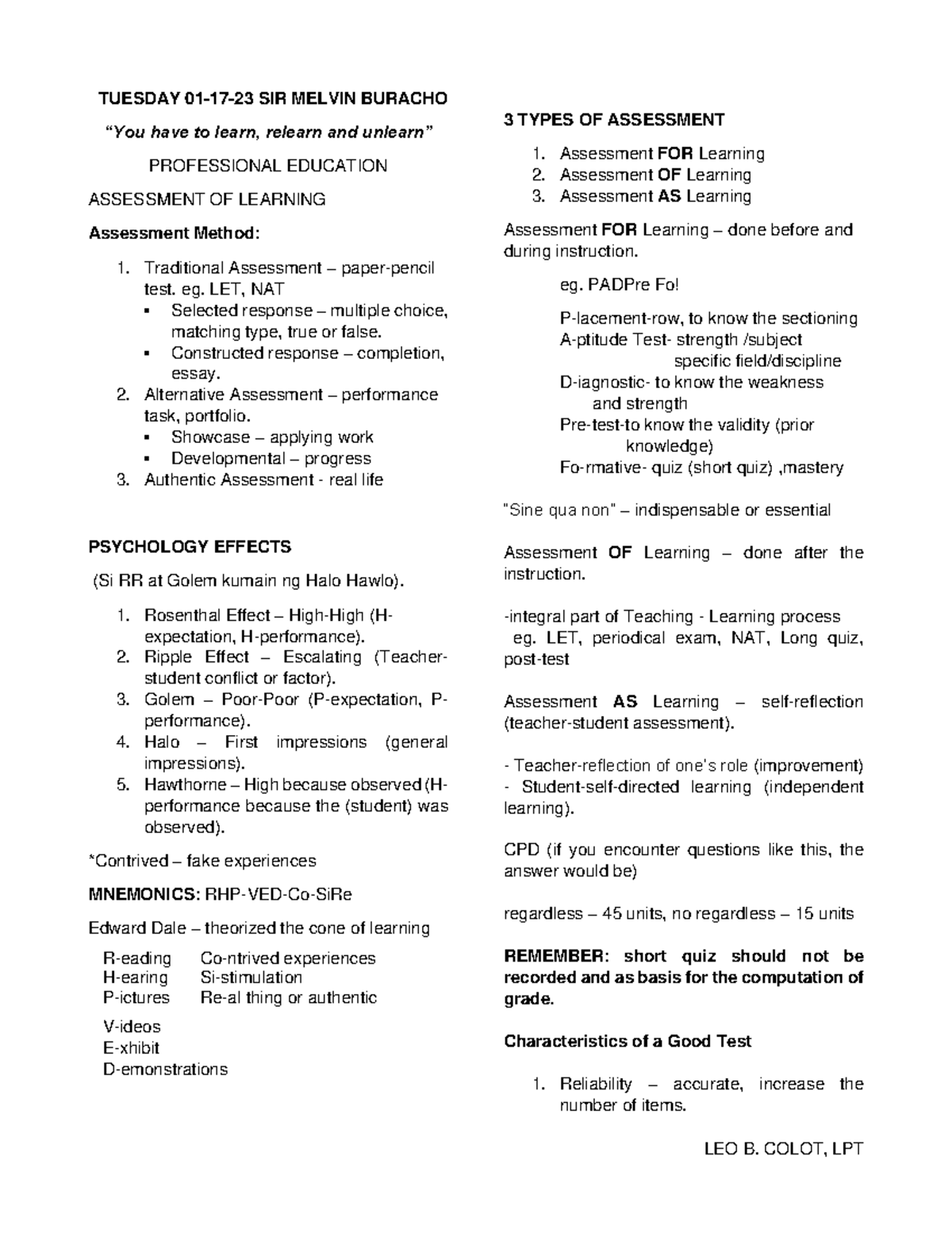 LET Notes Tuesday JAN 17-18, 2023 - TUESDAY 01-17-23 SIR MELVIN BURACHO ...