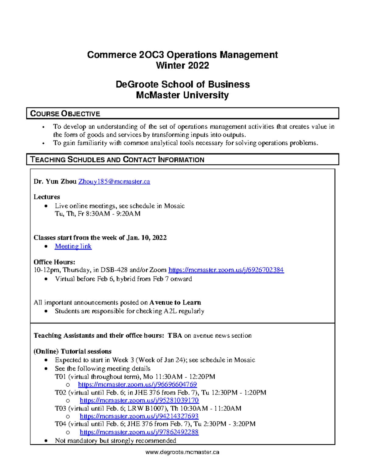 2OC3 2022 Course Outline C01 - Commerce 2OC3 Operations Management ...