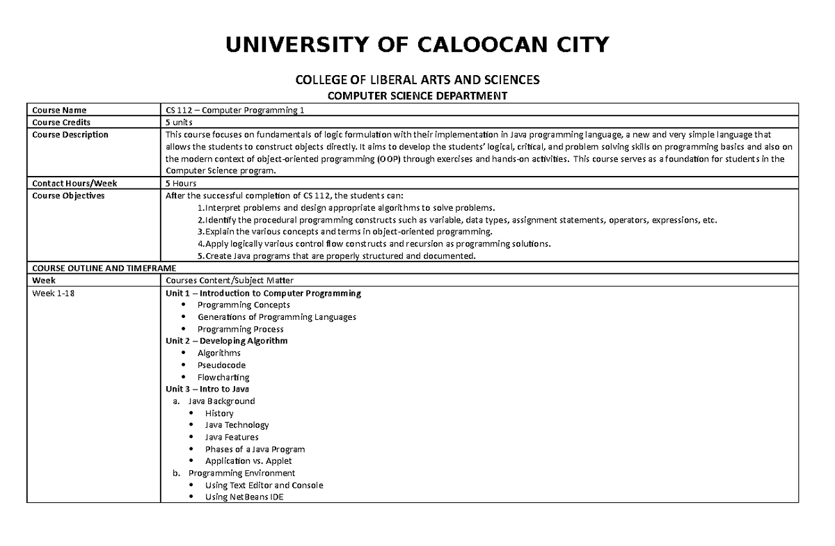 336872678 BSCS OBE Syllabus for Computer Programming 1 - UNIVERSITY OF ...