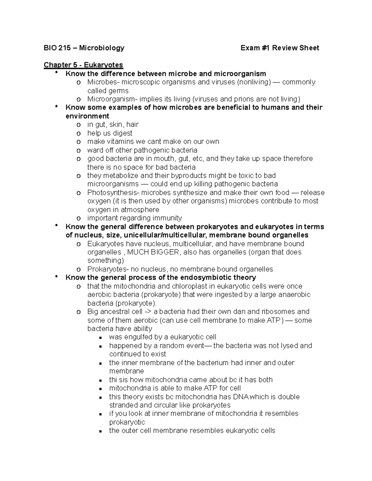 Micro Online Exam 1 Review BIO 215 Microbiology Exam 1 Review