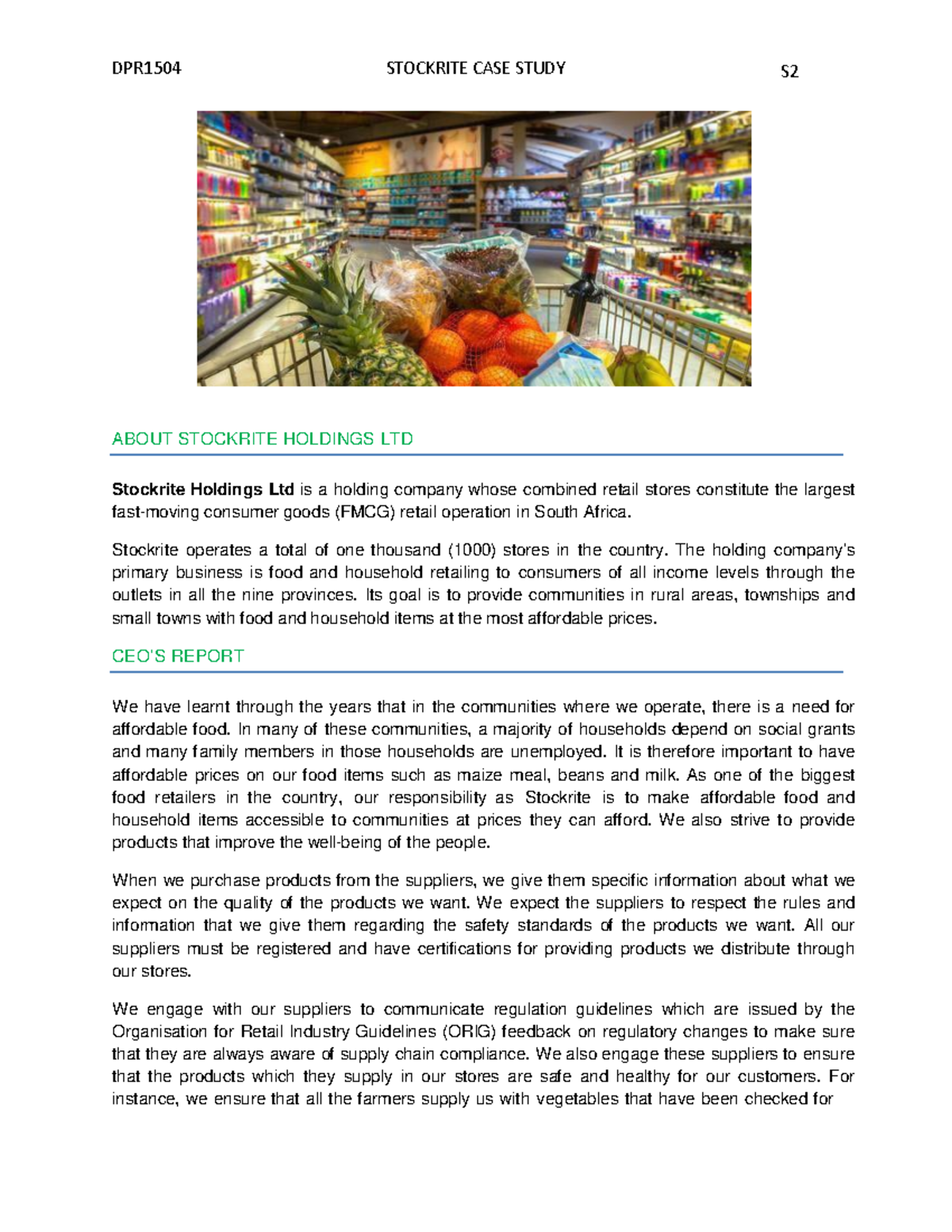 Stockrite case study - Summary Diploma in Public Relations - DPR 1504 ...