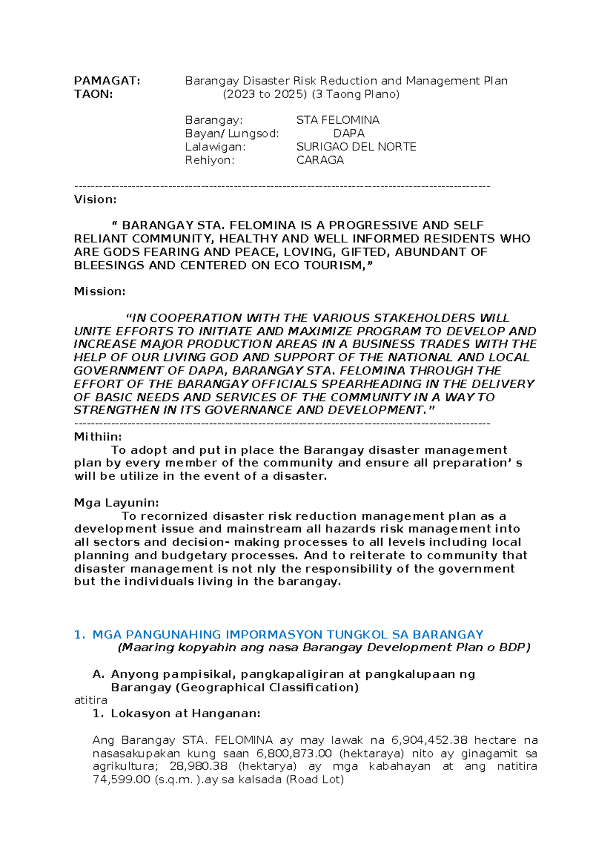 Simplified- Bdrrm-Plan-template Version 06 Final-1 - PAMAGAT: Barangay ...