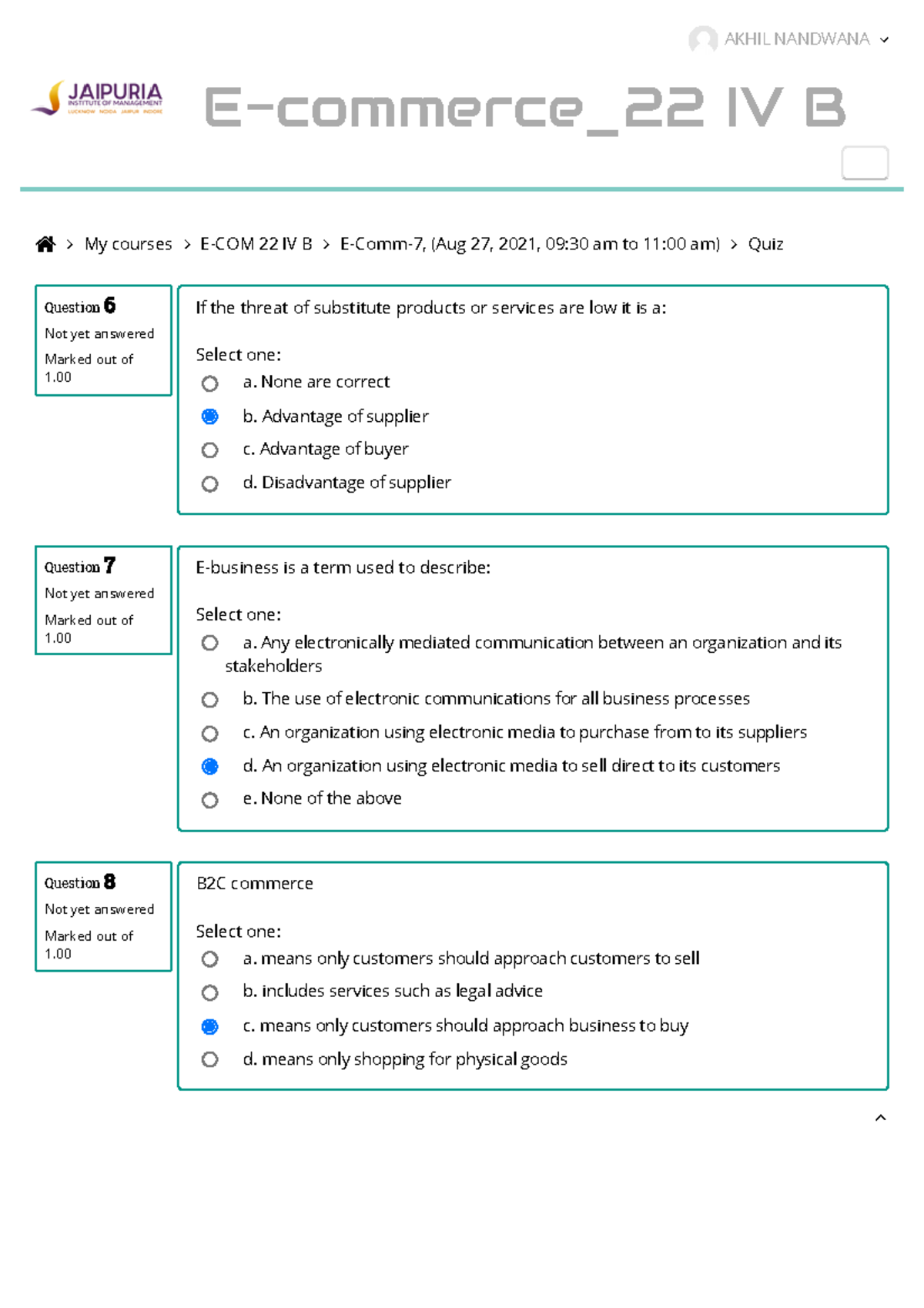 Quiz Solution of E-Commerce - Question 6 Not yet answered Marked out of