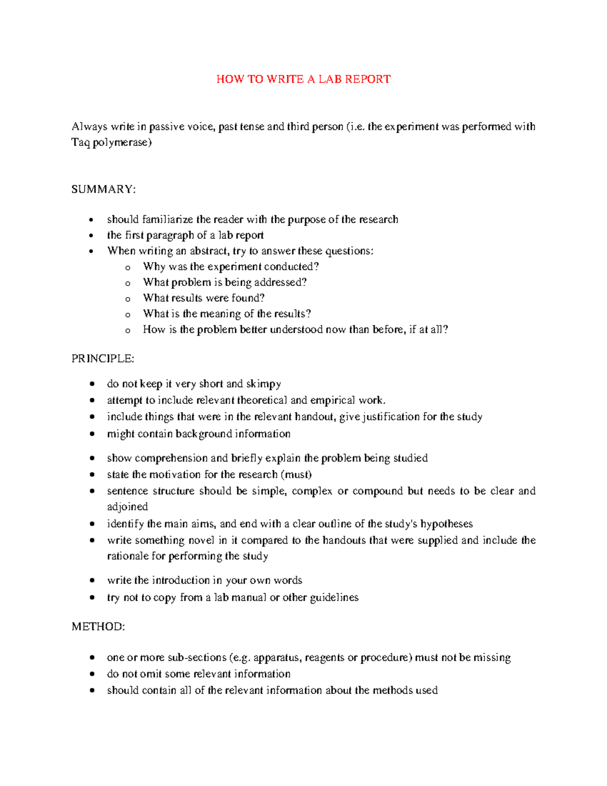 HOW TO Write A LAB Report - HOW TO WRITE A LAB REPORT Always write in ...