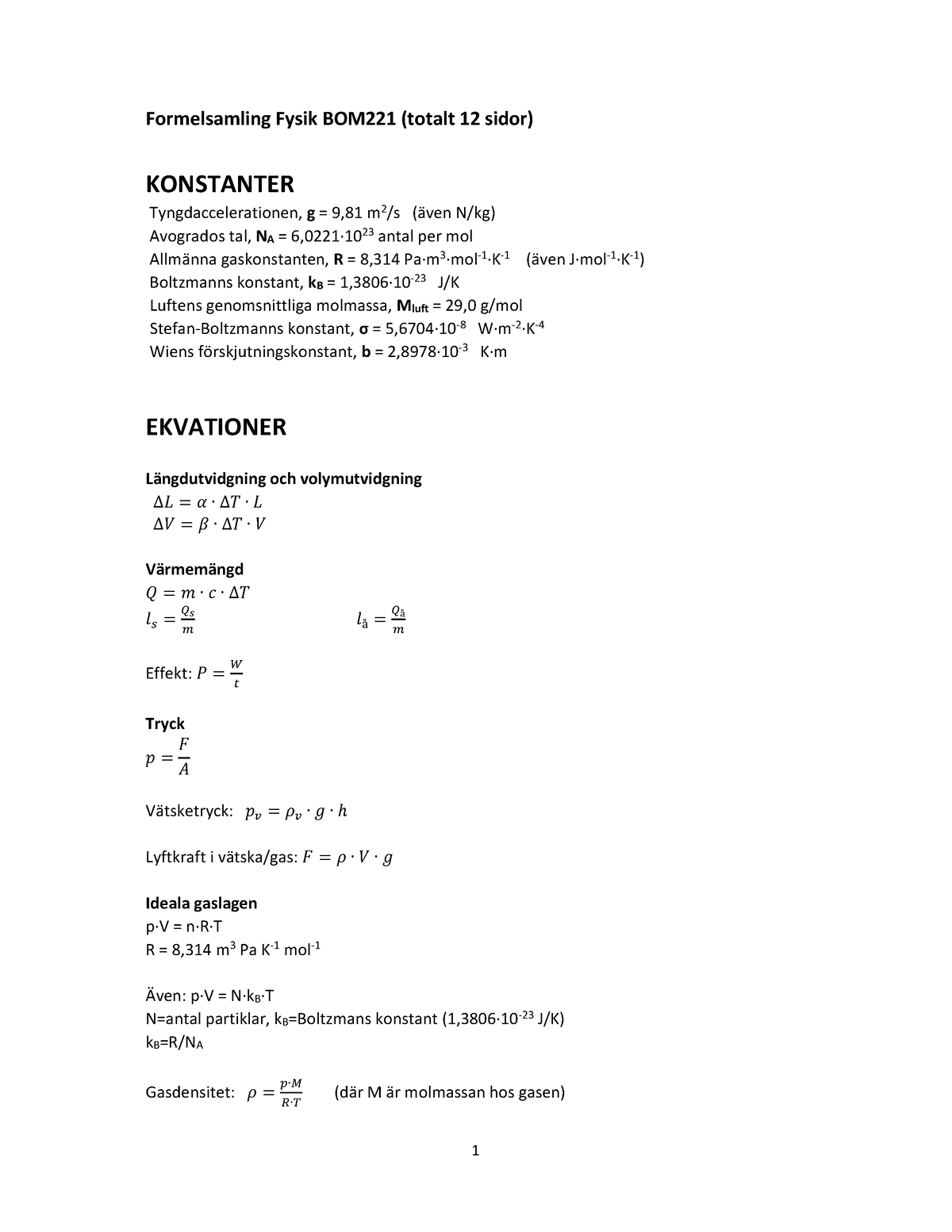 Formelsamling Fysik 2021 - Formelsamling Fysik BOM221 (totalt 12 Sidor ...