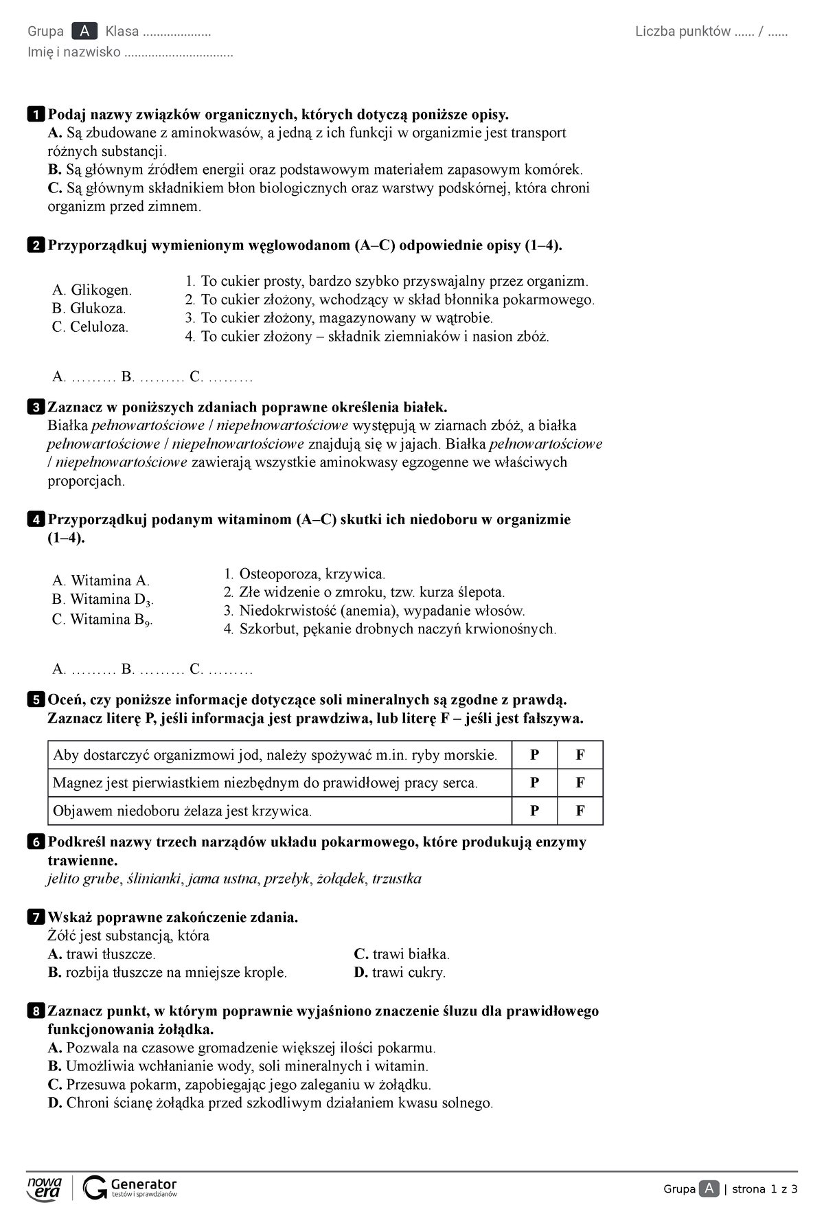 Biologia Genetyka Dział 1 - Grupa A | Strona 1 Z 3 Grupa A Klasa ...