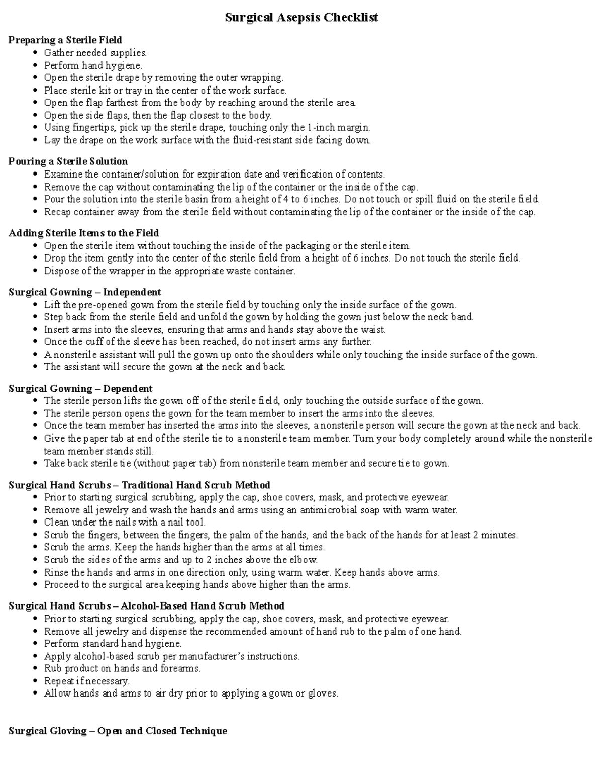 Surgical Asepsis Checklist - Surgical Asepsis Checklist Preparing a ...