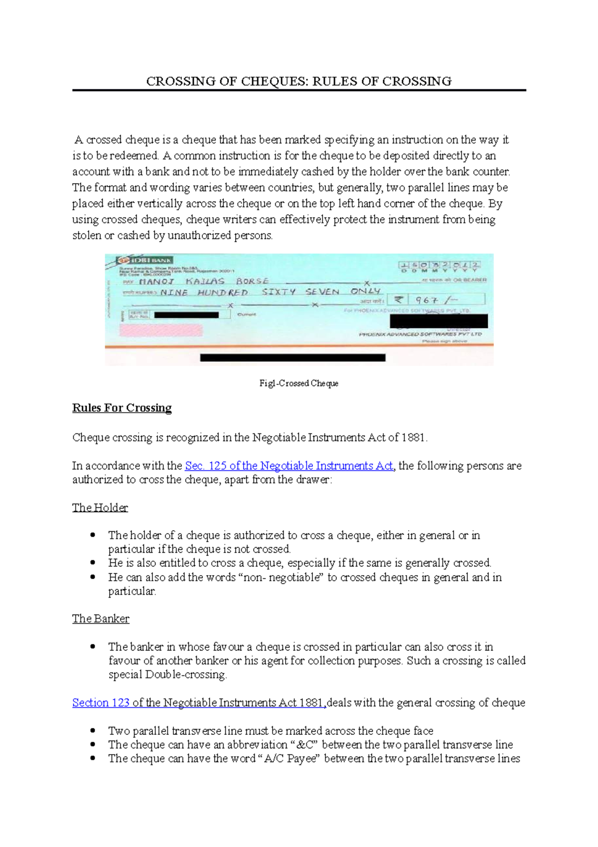 Banking financial management CROSSING OF CHEQUES RULES