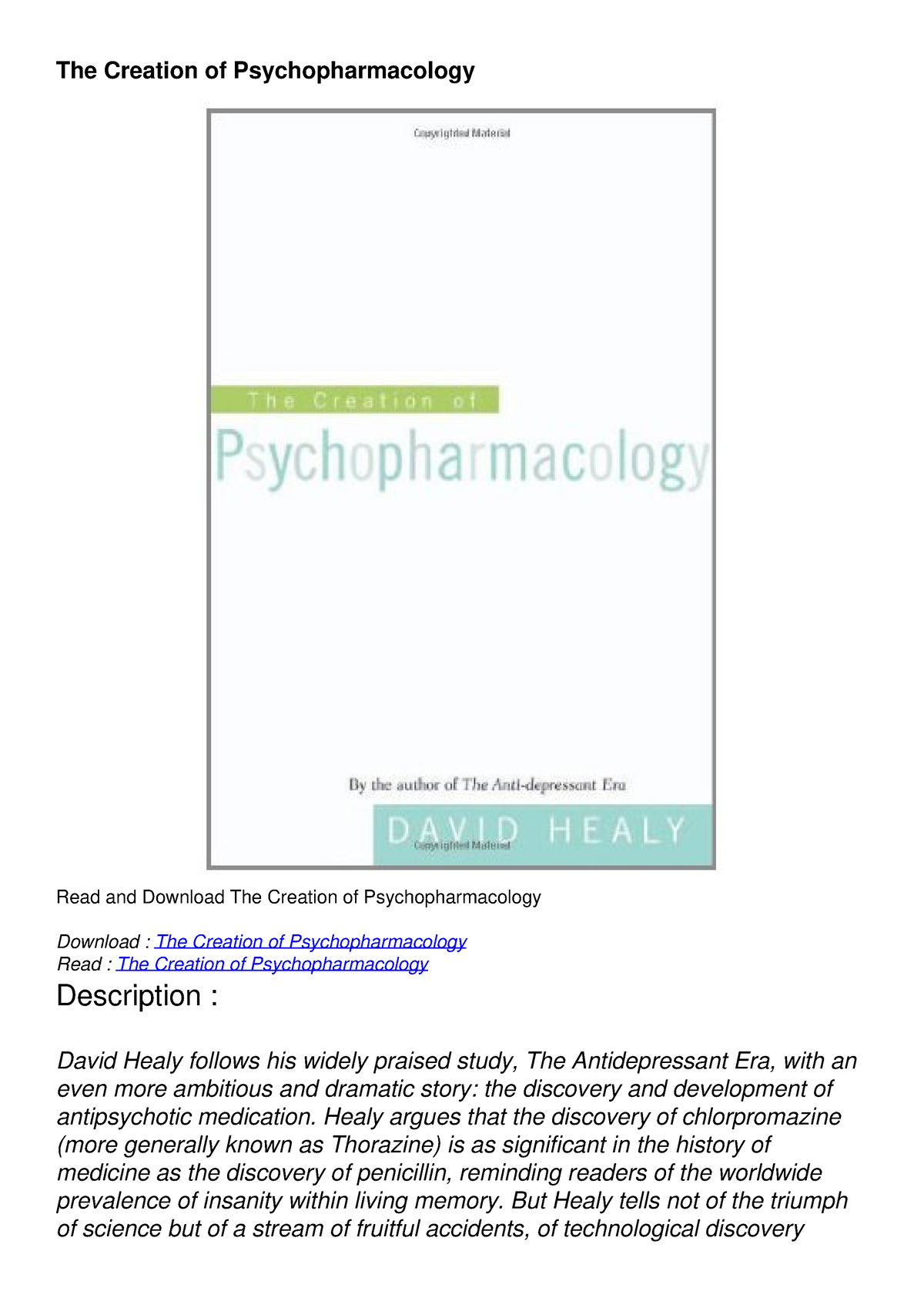 Get [PDF] Download The Creation Of Psychopharmacology - The Creation Of ...