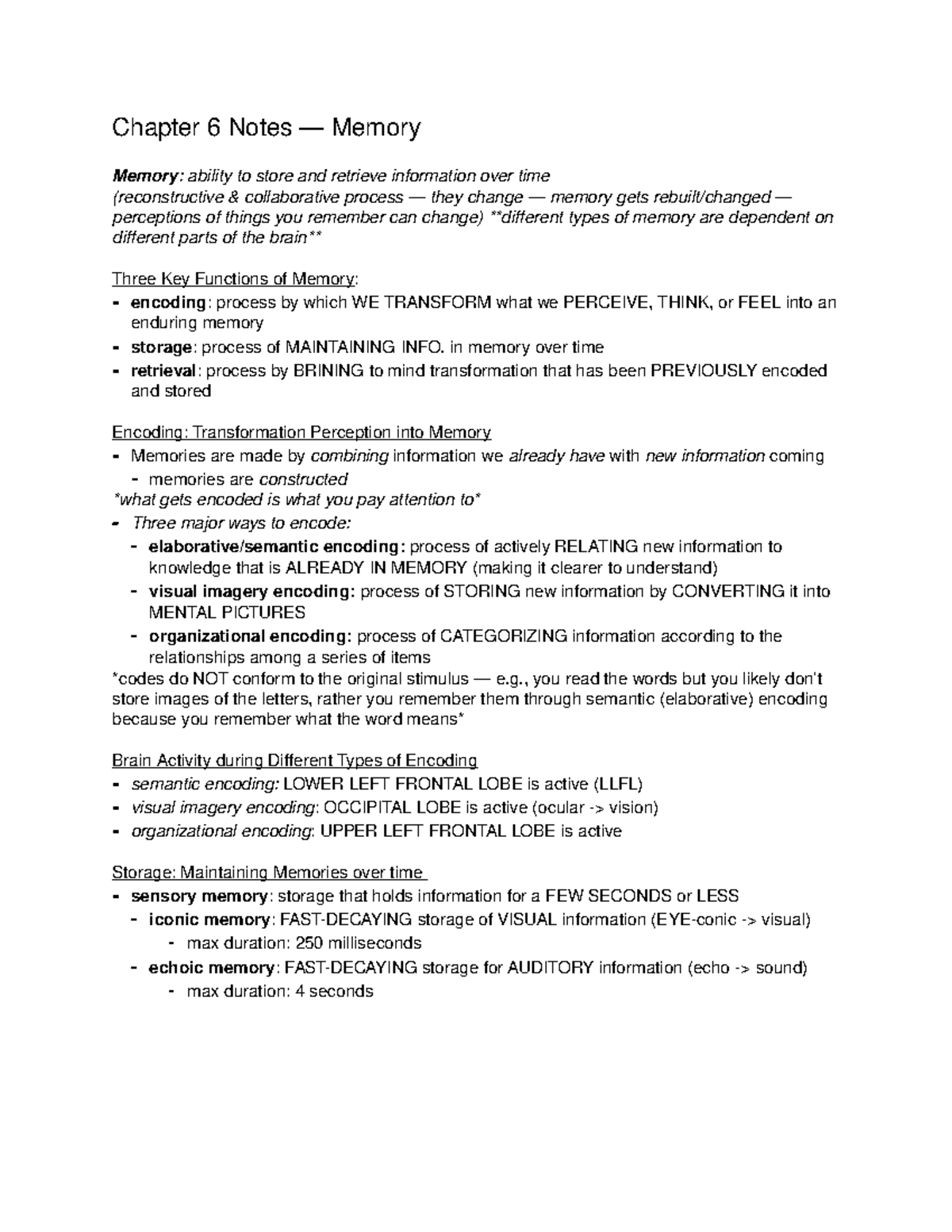 Chapter-6-7-8 - notes - Chapter 6 Notes — Memory Memory: ability to ...