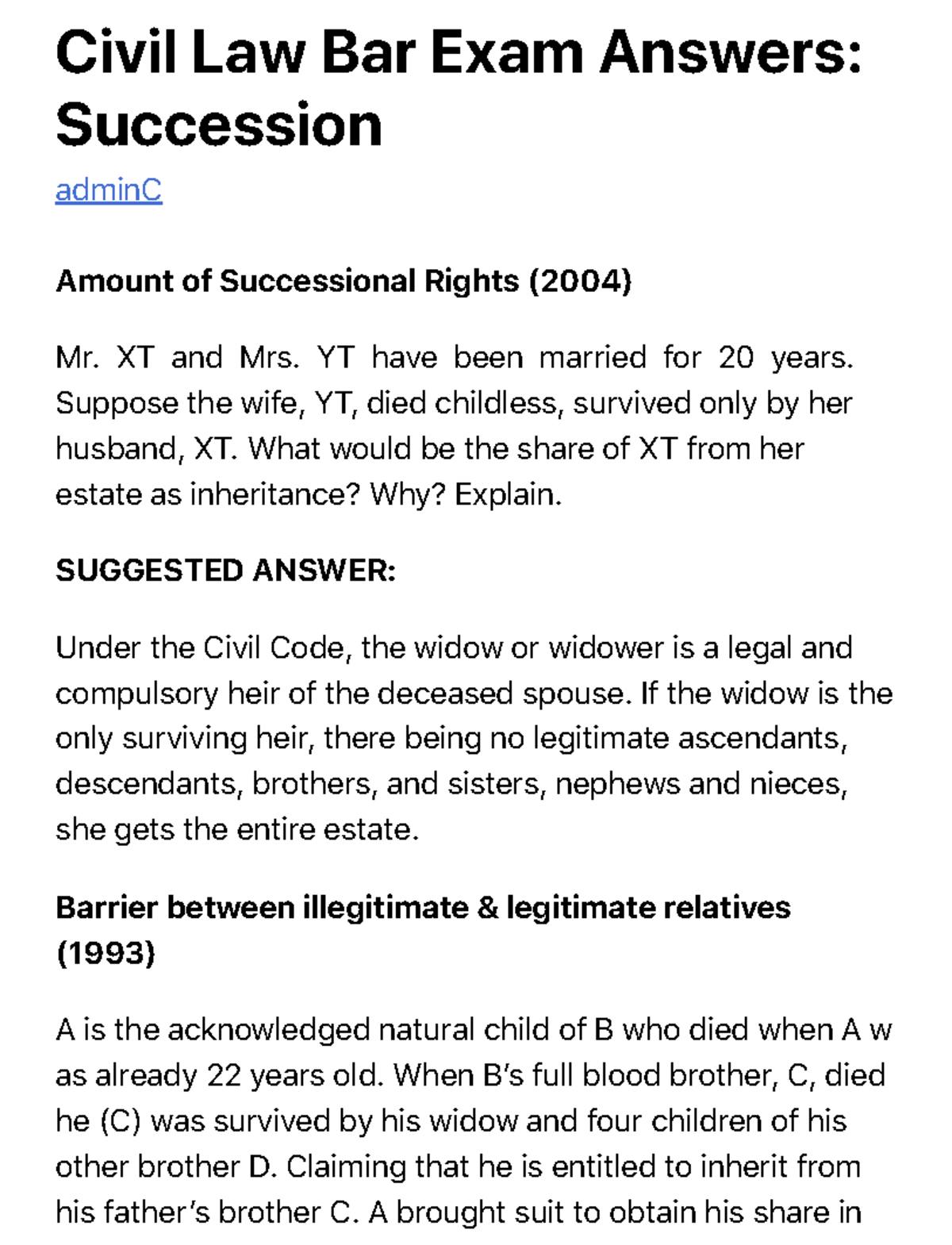 Civil Law Bar Exam Answers Succession Civil Law Bar Exam Answers