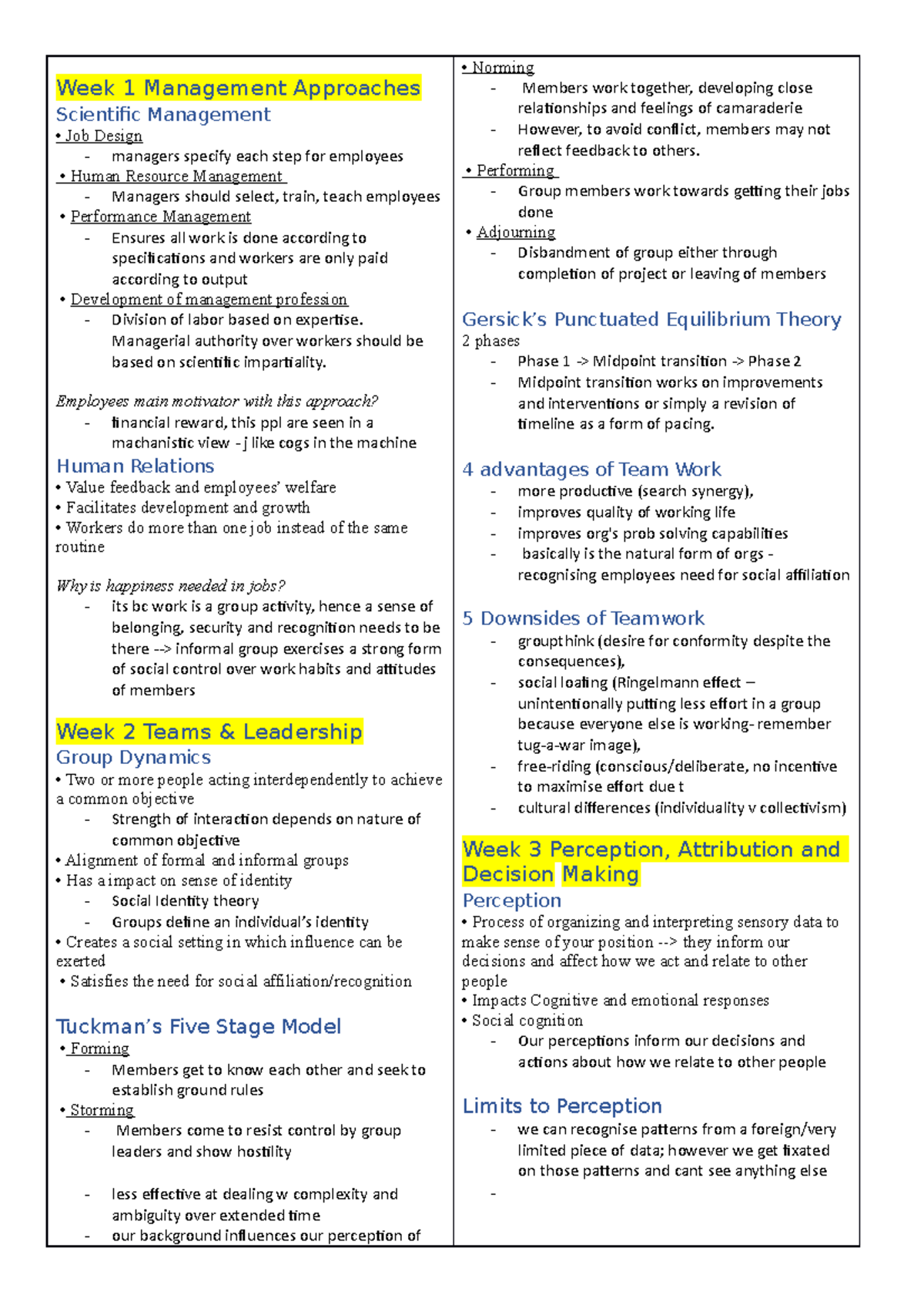 Notes compiled for OB - Week 1 Management Approaches Scientific ...