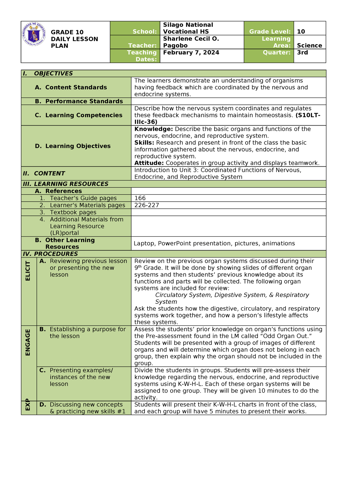 Science 10-DDL0-Intro-Nervous-System - GRADE 10 DAILY LESSON PLAN ...