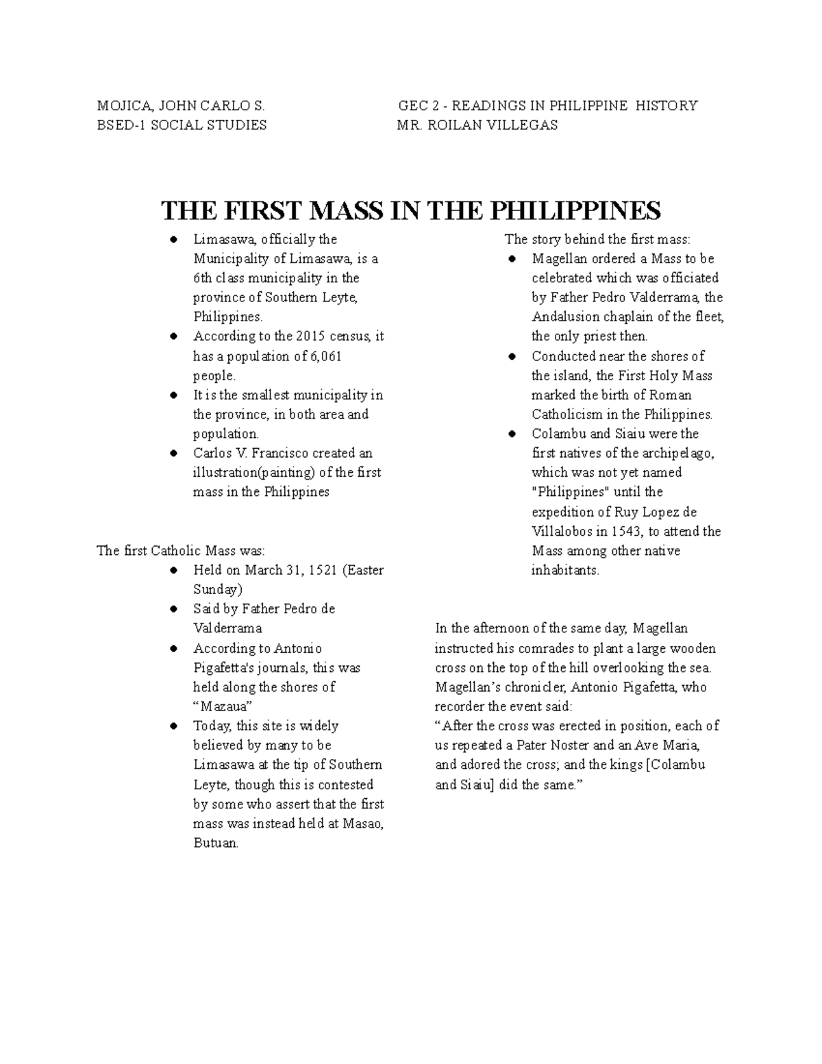 The First Mass In The Philipines Limasawa MOJICA, JOHN CARLO S. GEC 2