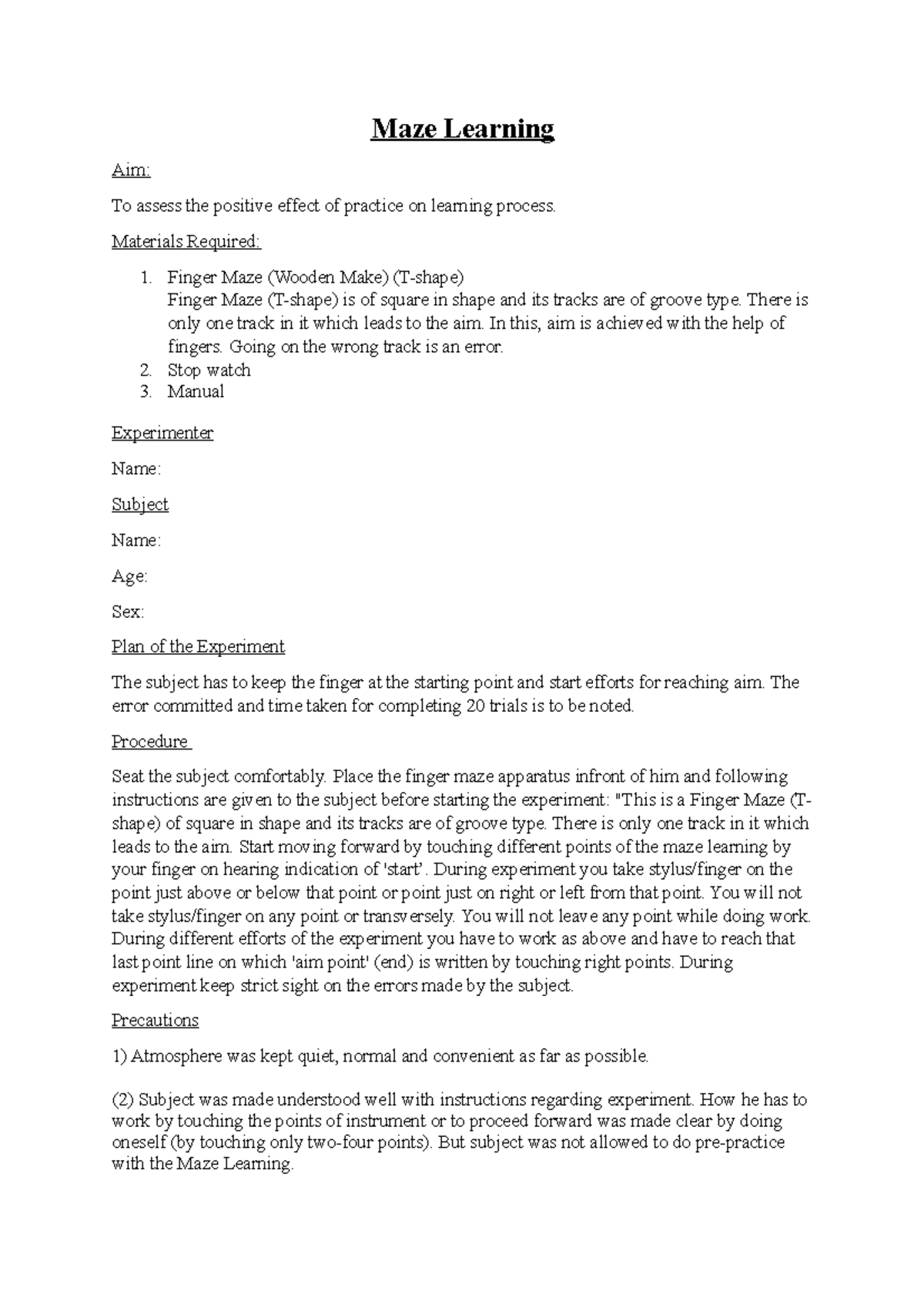 Maze learning procedure sheet Psychology MG University Studocu
