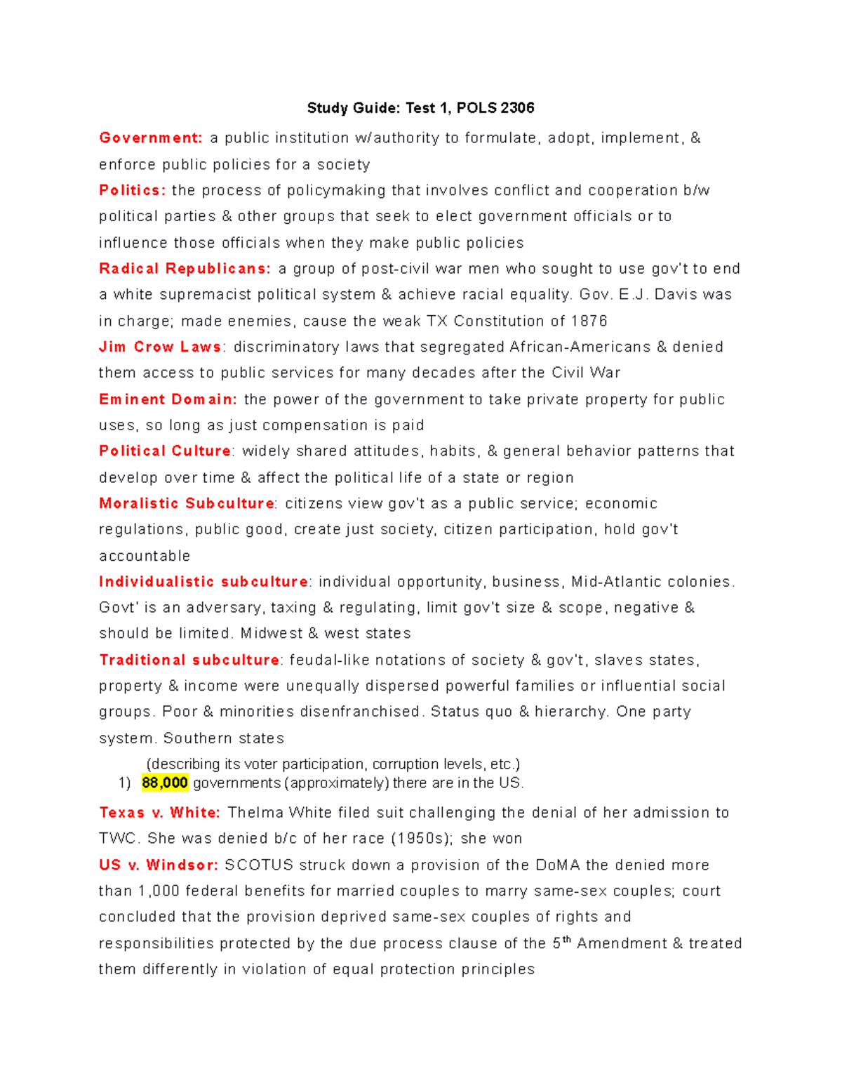 SG T1 POLS 2306 Fall 2020 - Study Guide: Test 1, POLS 2306 Government ...