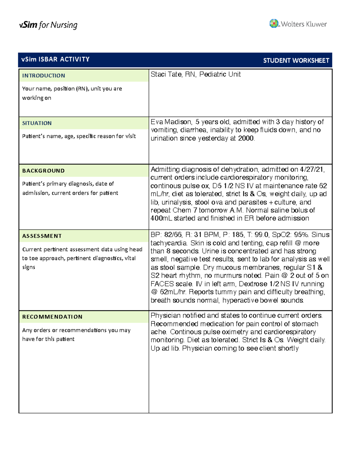 427SBAR ASSIGNMENT MS1 - INTRODUCTION vSim ISBAR ACTIVITY Your name ...