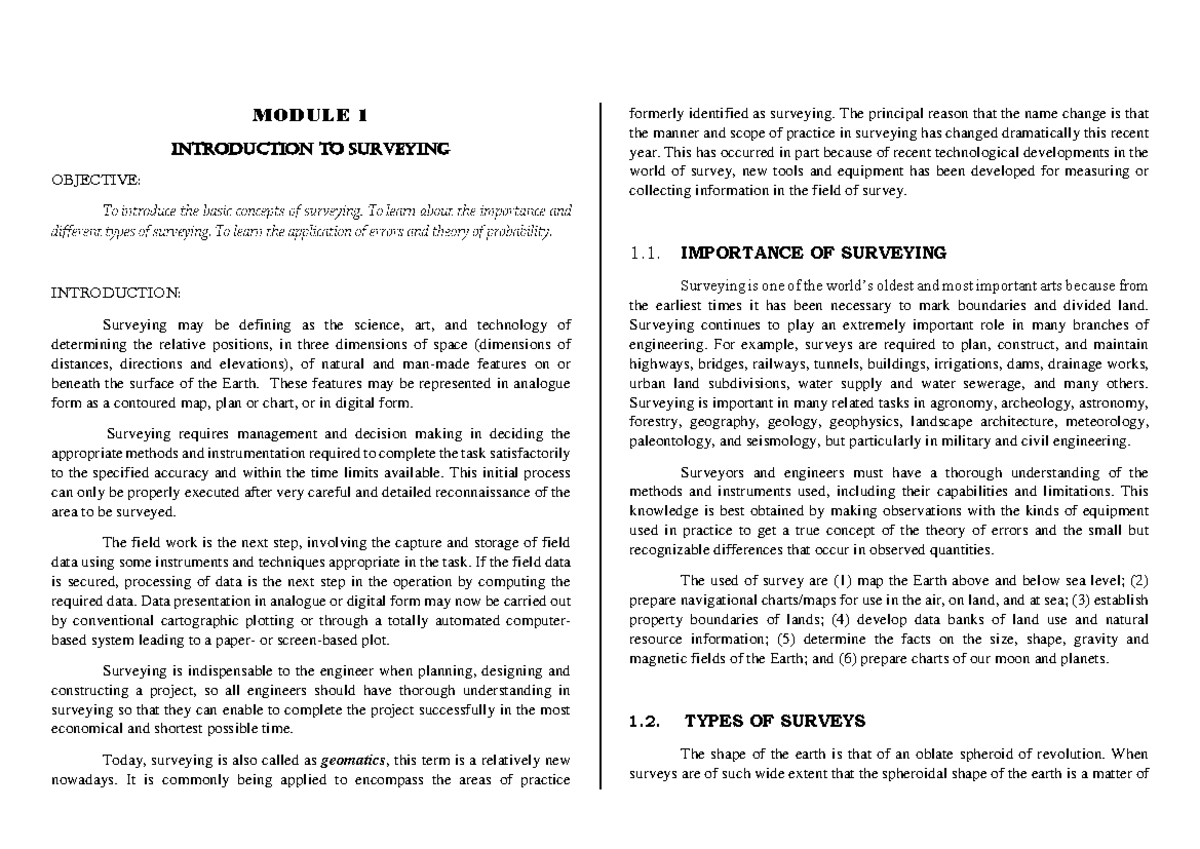 Pdfcoffee - Elementary Surveyin - MODULE 1 INTRODUCTION TO SURVEYING ...