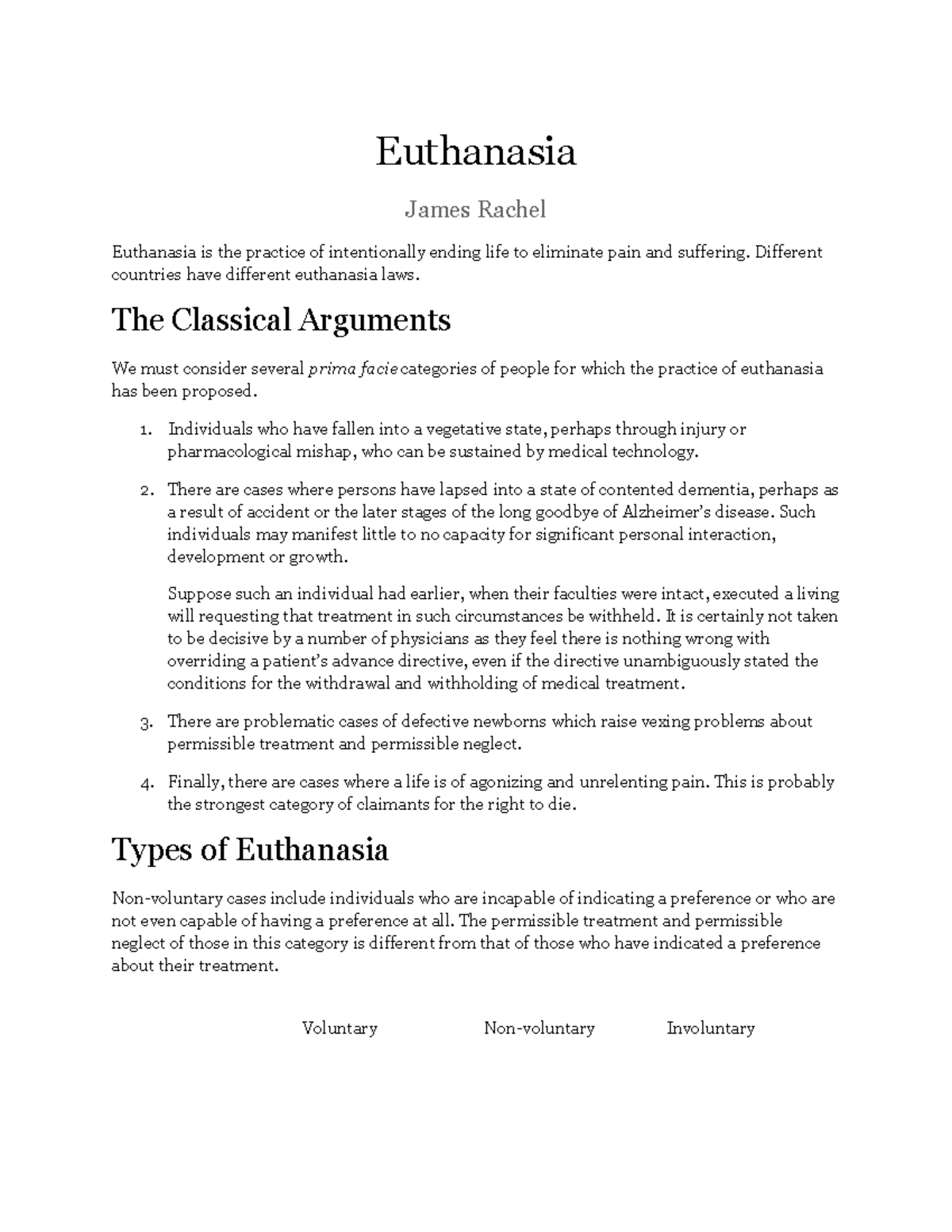 Euthanasia - Summary Philosophy Honours - Euthanasia James Rachel ...