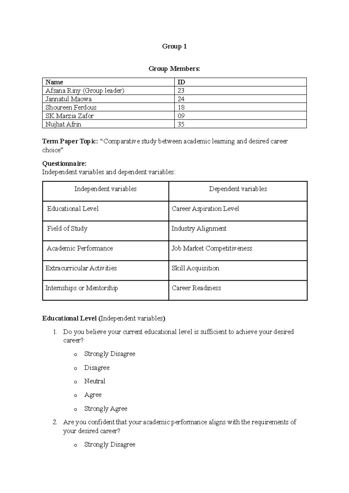 Questionnaire-GHR-course 2 - Group 1 Group Members: Name ID Afsana Riny ...