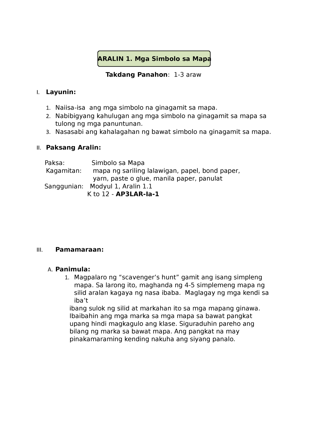 Lesson Plan James Aramay Aralin 1 Mga Simbolo Sa Mapa Takdang 0895