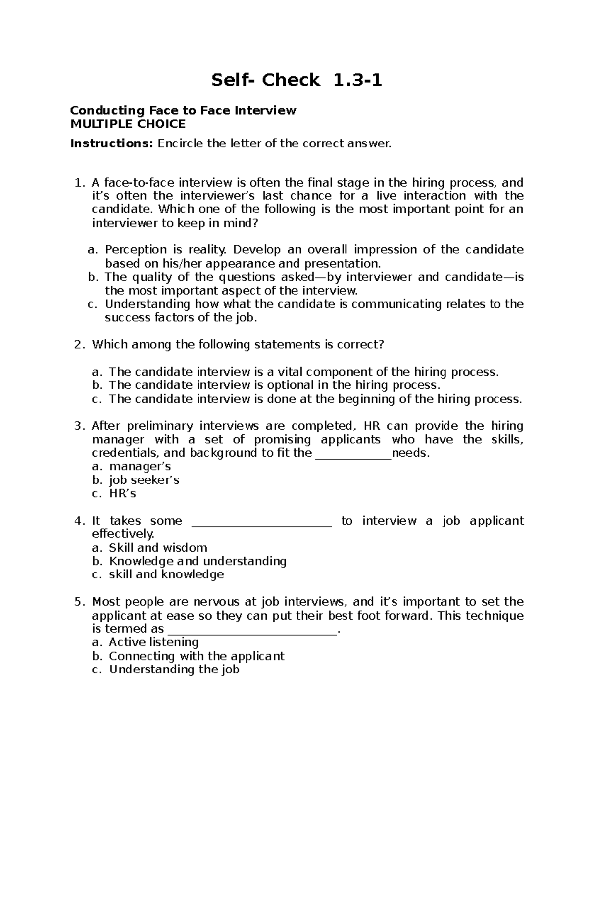 english language proficiency speaking - Self- Check 1- Conducting Face ...