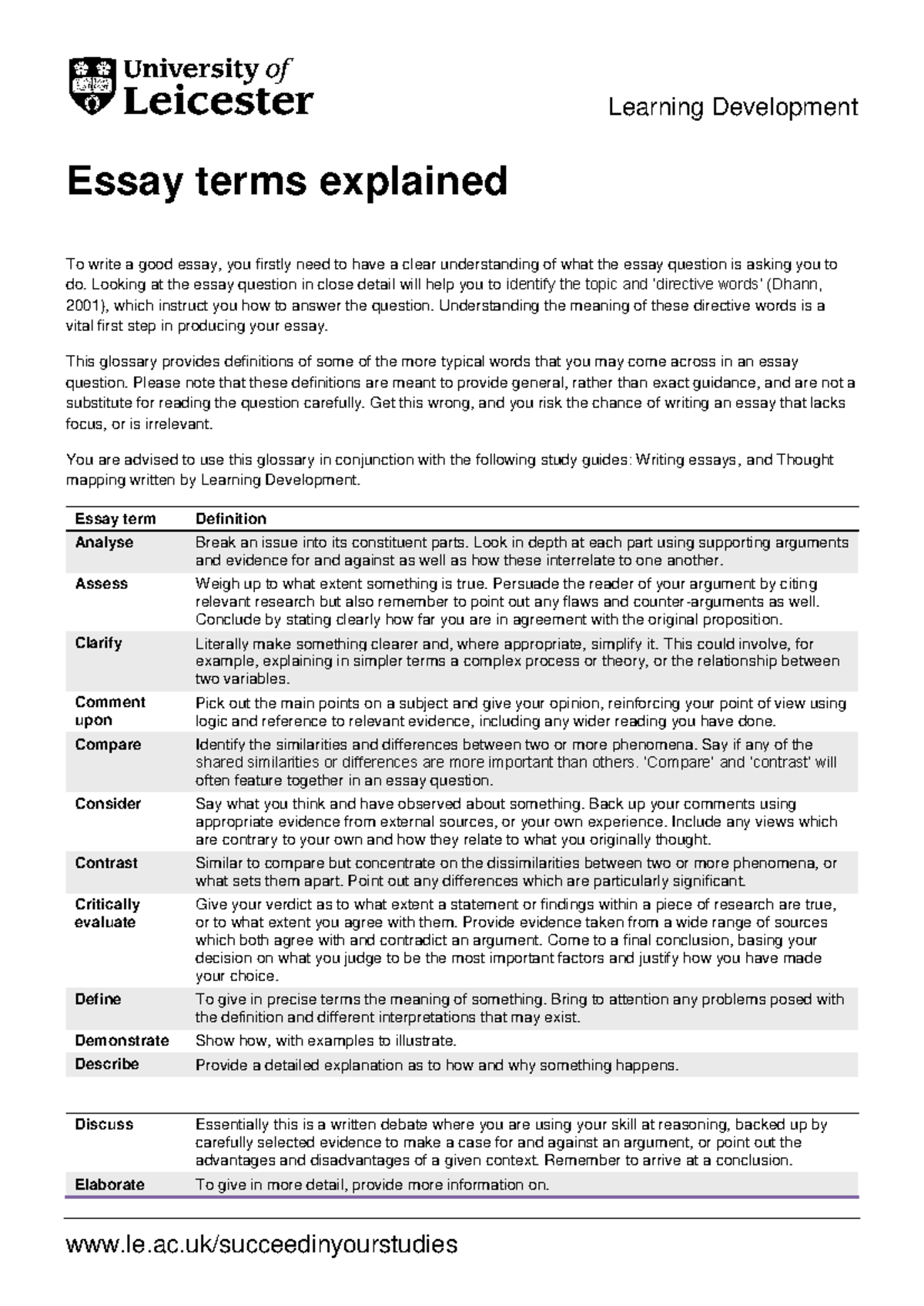 Essay Terms - Learning Development Essay terms explained le.ac ...