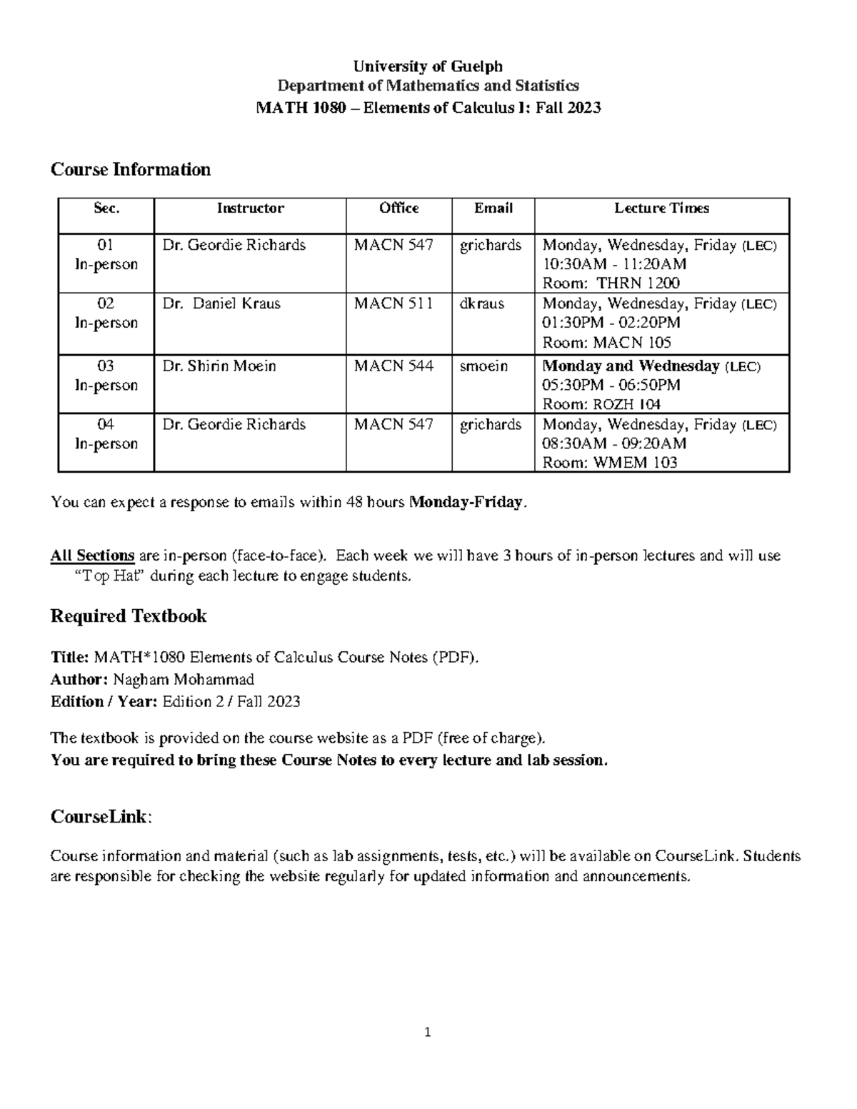 Course Outline MATH 1080 Fall 2023 University of Guelph Department of