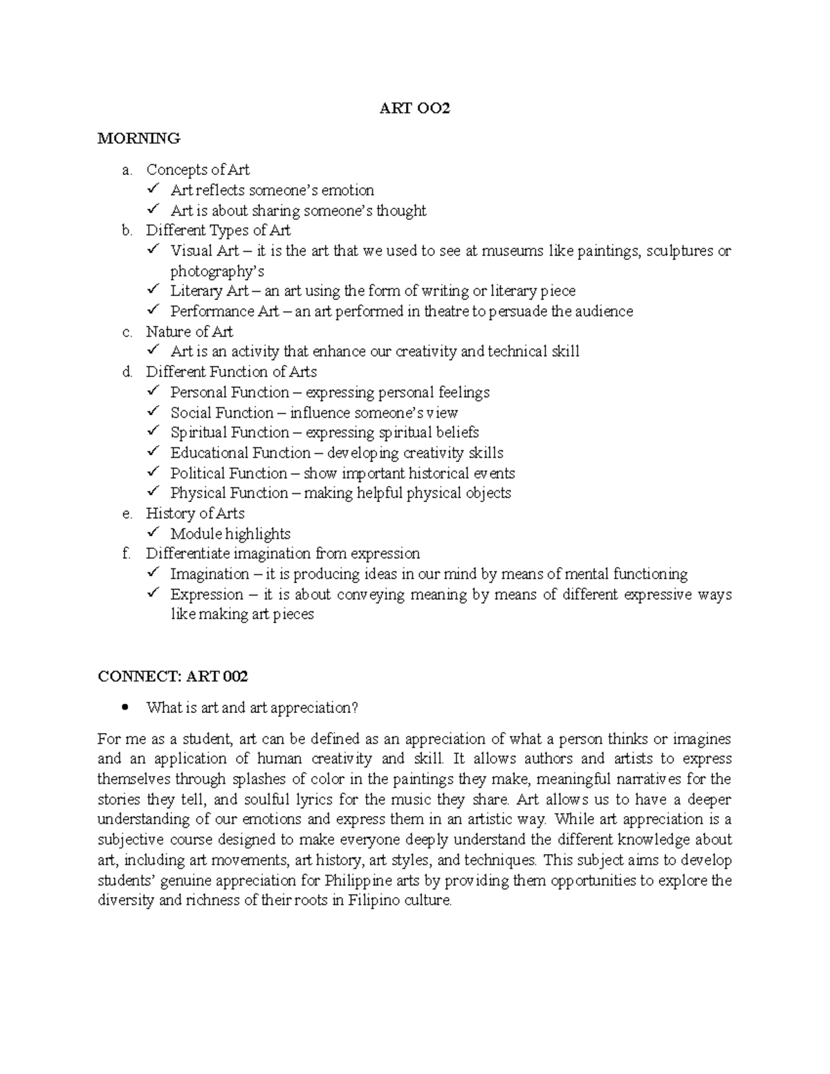 ART 002 SAS 13 LEARNING MATERIALS ART OO MORNING a. Concepts of