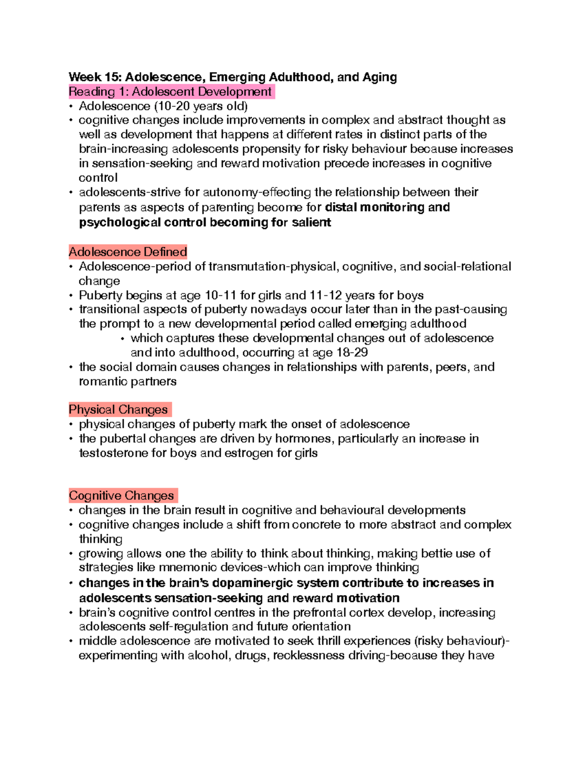PSYC Notes Week 15 Queens University - Week 15: Adolescence, Emerging ...