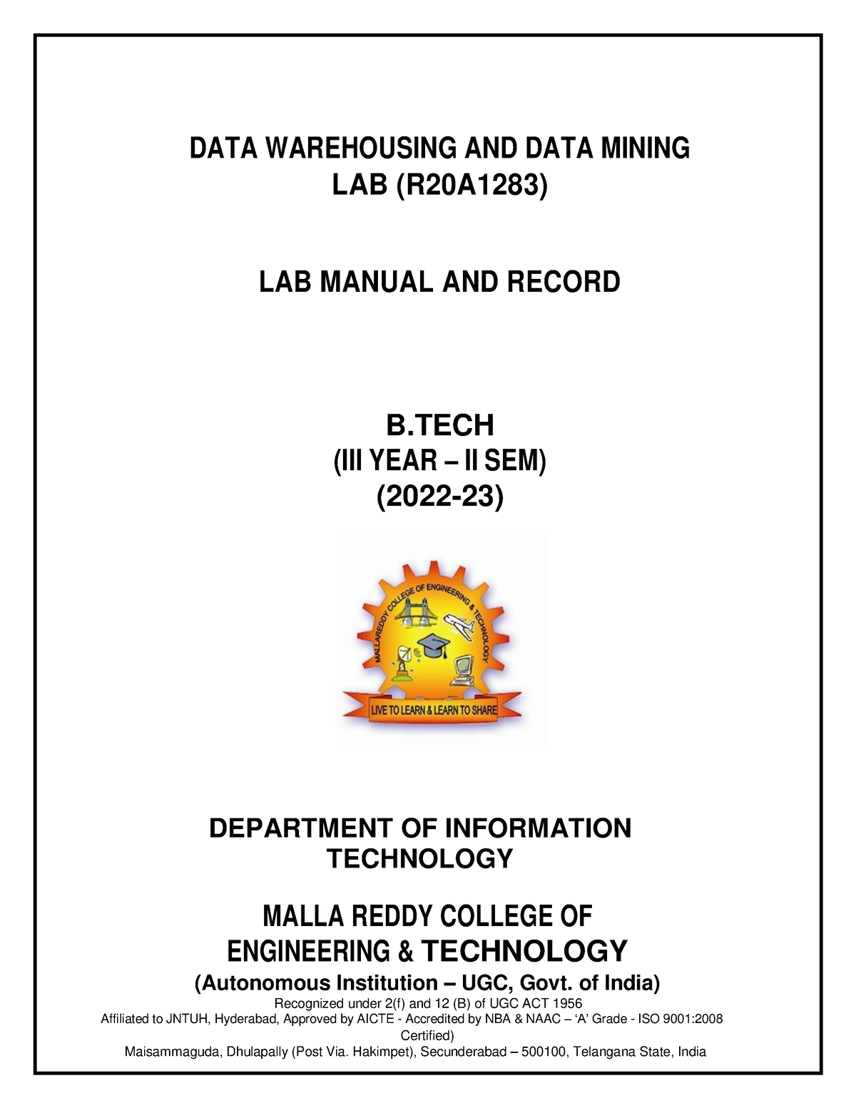 DWDM Lab Manual 2022 2023 DATA WAREHOUSING AND DATA MINING LAB