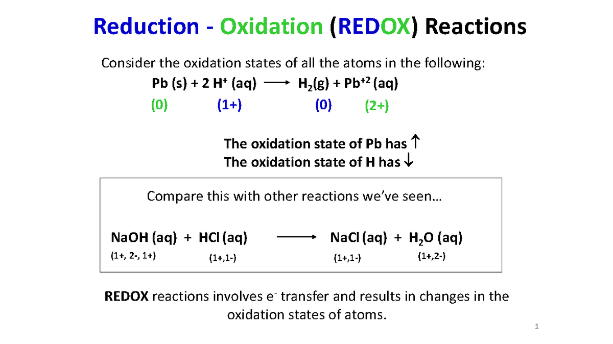 Module 7 lectures - notes - Reduction - Oxidation (REDOX) Reactions Pb ...