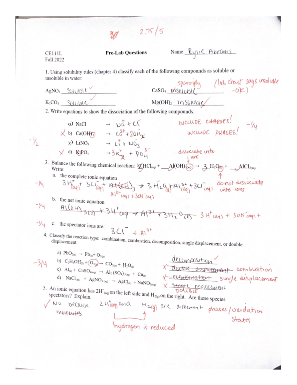 Chemical Reactions Pre Lab - CE-111L - Studocu