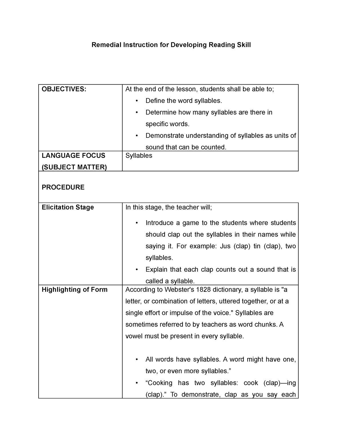 A Lesson Plan In Remedial Instruction For Developing Reading Skill Of 