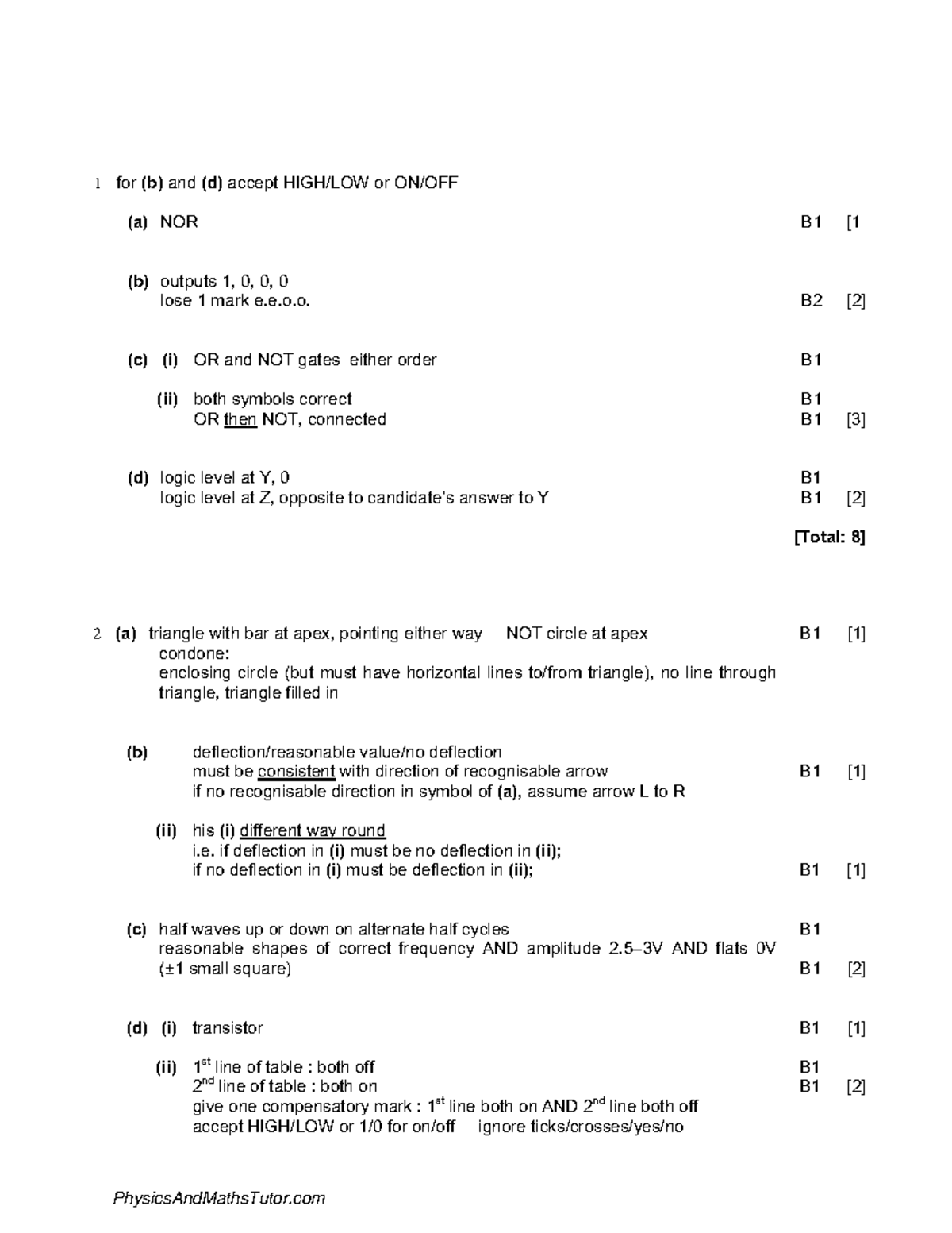 Digital Electronics 2 MS - 1 For (b) And (d) Accept HIGH/LOW Or ON/OFF ...