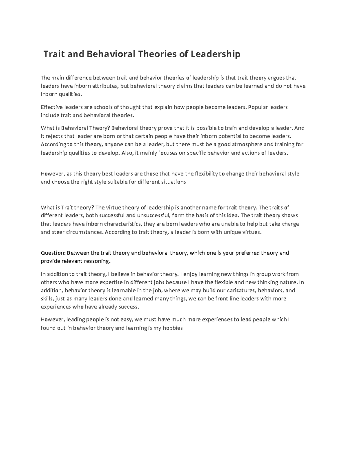 Document 76 - Jdwbdbdbq - Trait And Behavioral Theories Of Leadership ...