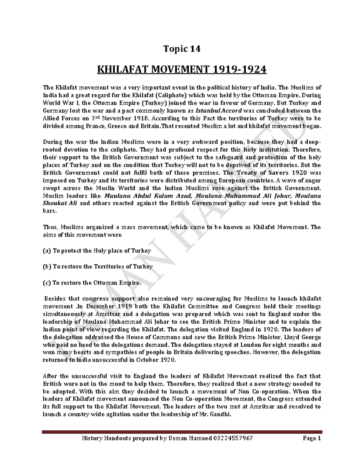Khilafat movement 12 revision notes Topic 14 KHILAFAT MOVEMENT 1919 The Khilafat movement
