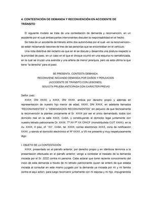 4. contestación de demanda y reconvención en accidente de tránsito - 4.  CONTESTACIÓN DE DEMANDA Y - Studocu