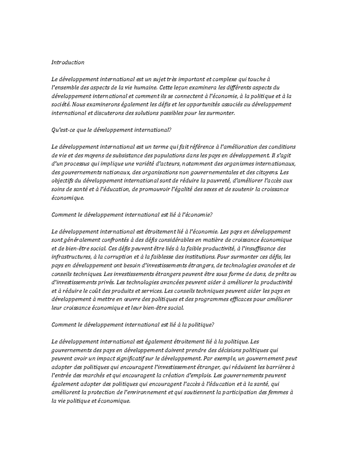 International Development Study Notes - Introduction Le développement ...