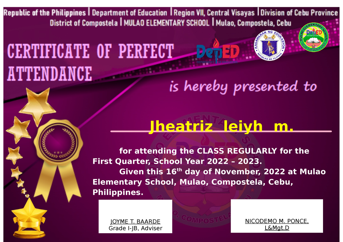 Perfect IN Attendance Certificate Jheatriz Leiyh M For Attending 