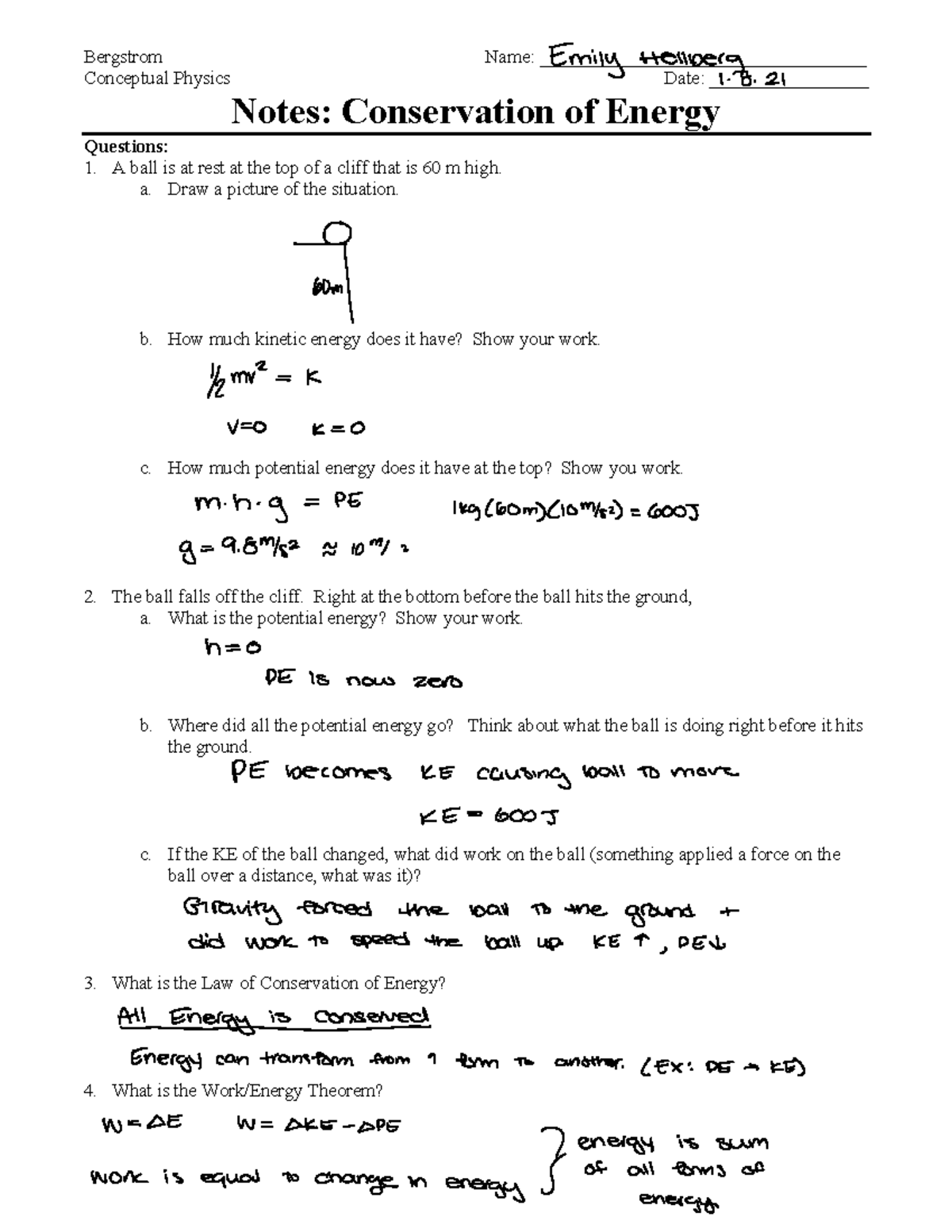 7.2.1 Conservation Of Energy - Power - Bergstrom Name