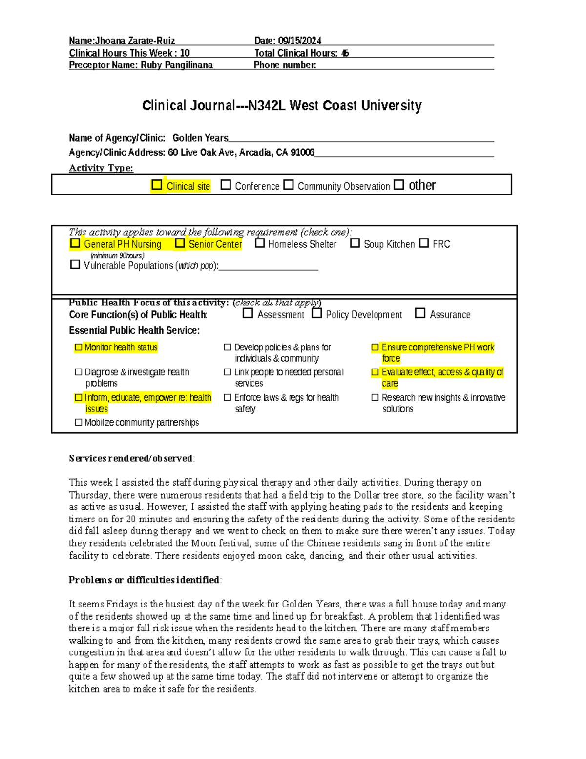 Journal week 4 - Name:Jhoana Zarate-Ruiz Date: 09/15/ Clinical Hours ...