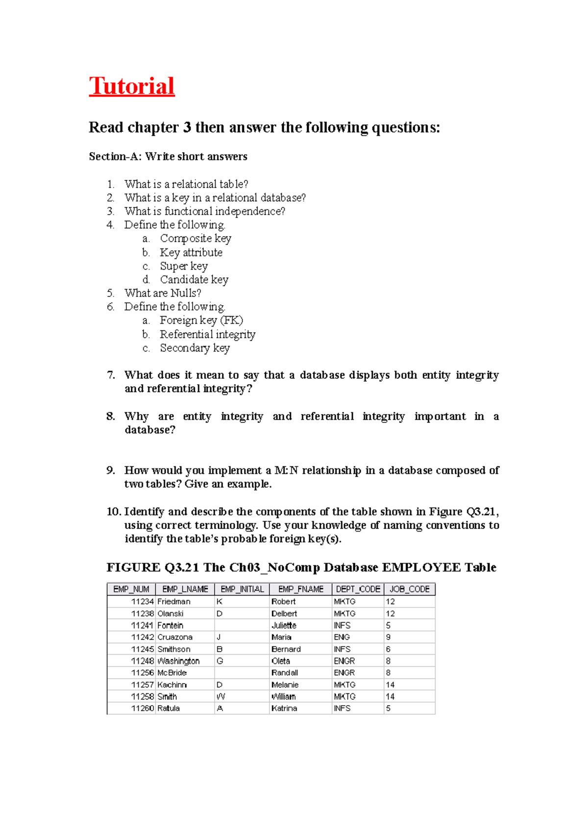 Tutorial-4 - Tutorial Read chapter 3 then answer the following ...